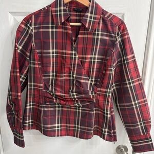 Talbots Red, Cream & Plum Plaid Wrap-Front Blouse 100% Silk